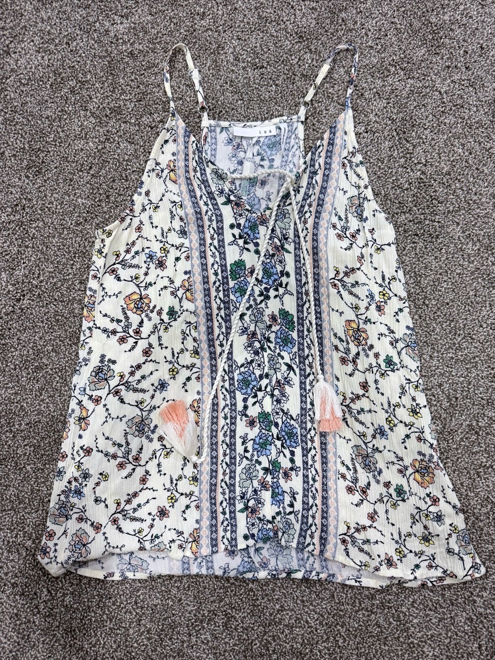 Light Cream Floral Spaghetti-Strap Tank Top